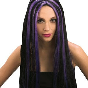 Perücke - Hexe Langhaar schwarz mit lila Streifen