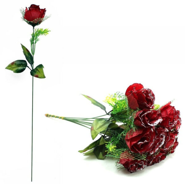 Rose dunkelrot mit Glitzer und Grünschmuck ca 51 cm