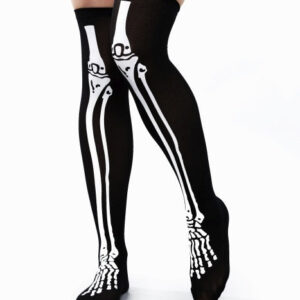 halterlose schwarze Strümpfe mit Skelettdruck Größe: Univ.
