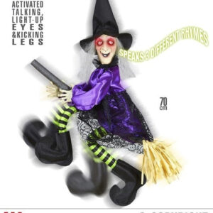 auf Besen fliegende sprechende Hexe mit leuchtenden Augen und strampelnden Beinen aktiviert durch Tonsensor - 70 cm -