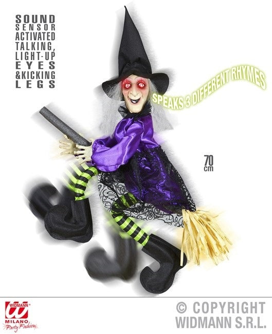 auf Besen fliegende sprechende Hexe mit leuchtenden Augen und strampelnden Beinen aktiviert durch Tonsensor - 70 cm -