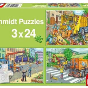 Schmidt Kinderpuzzle, 3 x 24 Teile, Müllwagen, Abschleppauto, Kehrmaschine