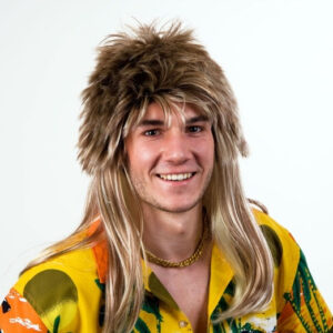 Herrenperücke Vokuhila, braun, blonde Strähnen